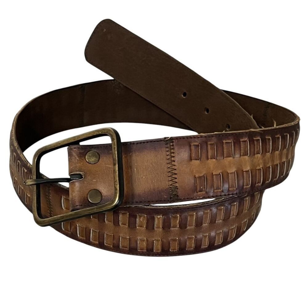 Vintage Paris Latigo Leather Belt Size 34 Brown Basketweave Woven Boho Western